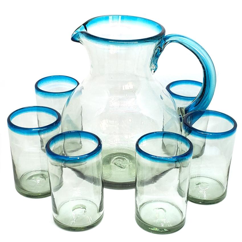 Novedades / Juego de jarra y 6 vasos grandes con borde azul aqua / Transprtese al mar caribe con ste bello juego de jarra y vasos con borde azul aqua.